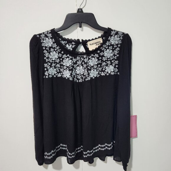 Savanna Jane NEW Black with White Embroidery  Long Sleeve BOHO Blouse Top-Small - Picture 1 of 8